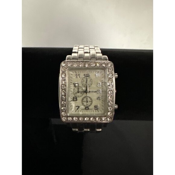 Lane Bryant Silver Watch With Mother of Pearl Face with Rhinestone Bezel & Stain - Picture 2 of 8